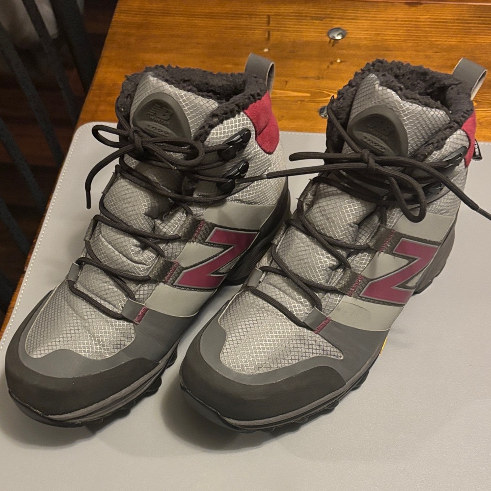 New Balance vibram hiking boots gray, light gray and purple primaloft.